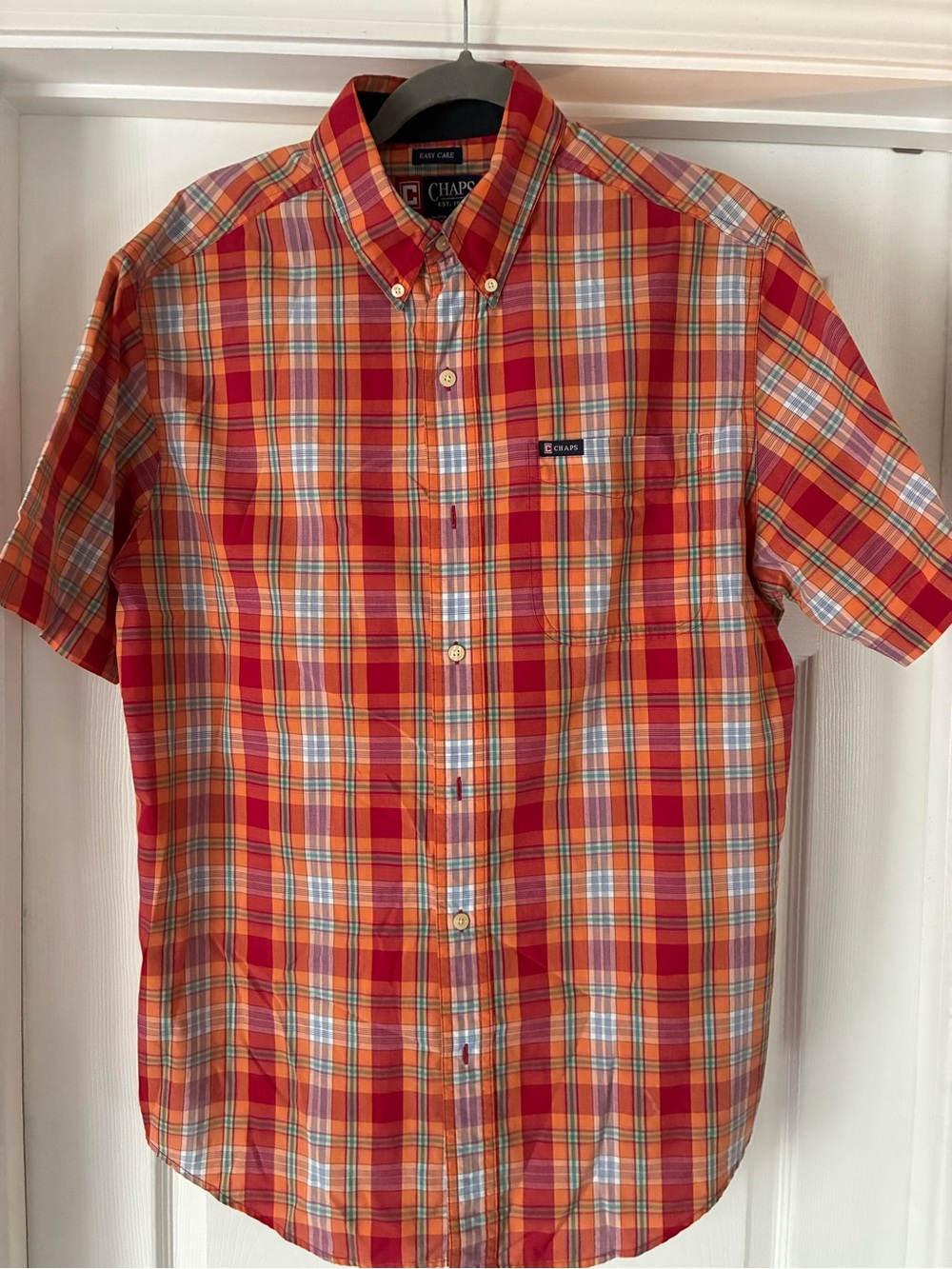 Chaps Men's Orange and Red Plaid Short-Sleeve Button-Down Shirt Size M